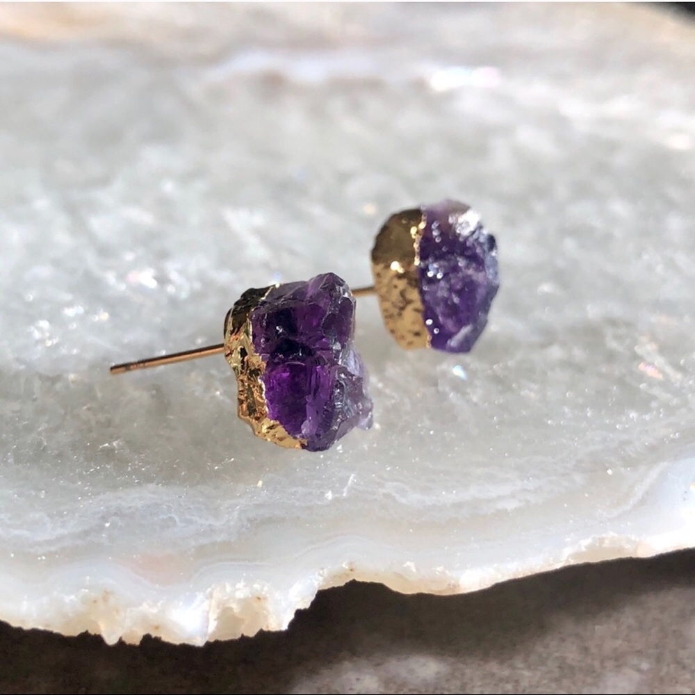 SALE!Raw Amethyst Crystal 14K Gold Plated Earrings